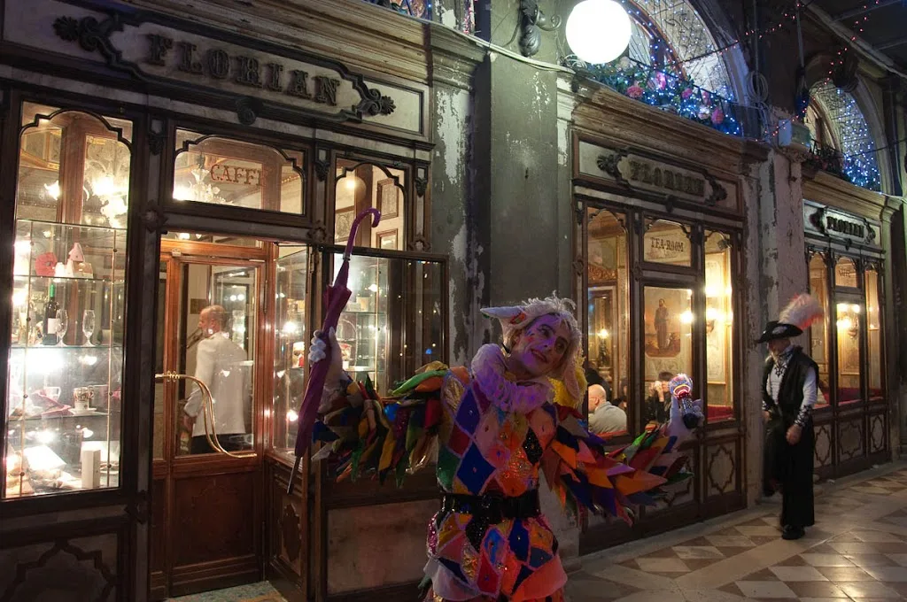 Cafe Florian and a Harlequin - Venice, Italy - www.rossiwrites.com