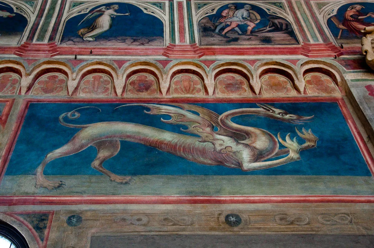 Frescoed dragon, Great hall of Palazzo della Ragione , Padua, Italy - www.rossiwrites.com