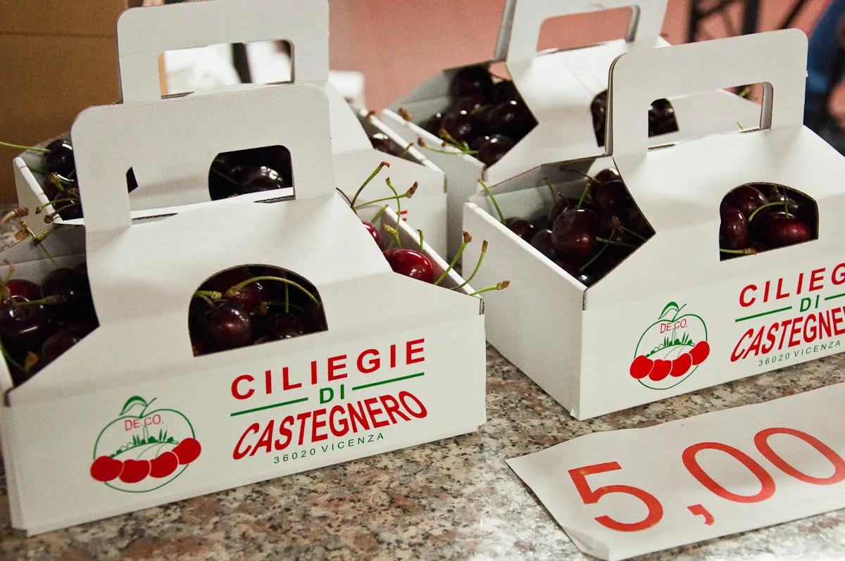 Boxes with Cherries from Castegnero at the Cherry Festival, Festa dea Siaresa, Veneto, Italy - www.rossiwrites.com