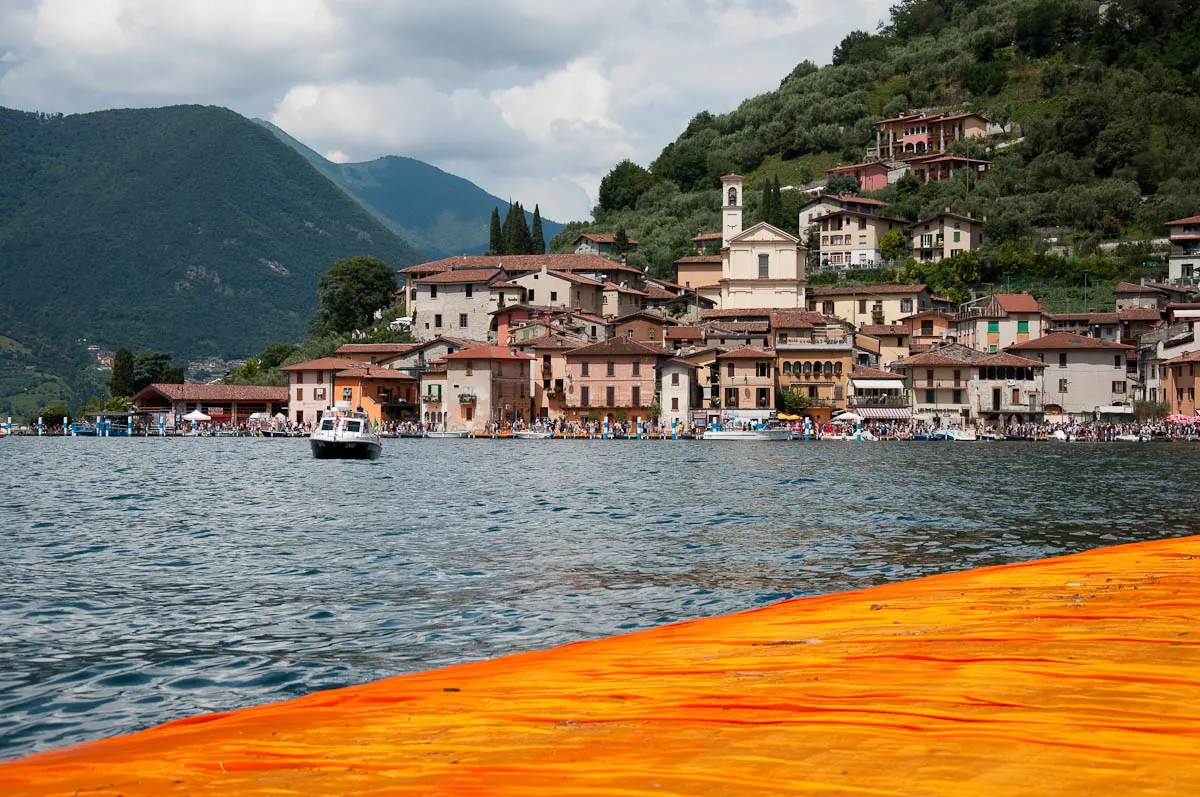 Christo's The Floating Piers, Monte Isola seen from the orange walkway, Lake Iseo, Italy - www.rossiwrites.com