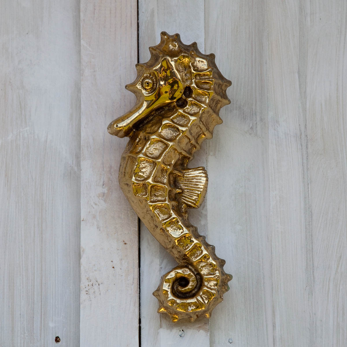 Seahorse ornament on the door of a beach hut, Mersea Island, Essex, England - www.rossiwrites.com