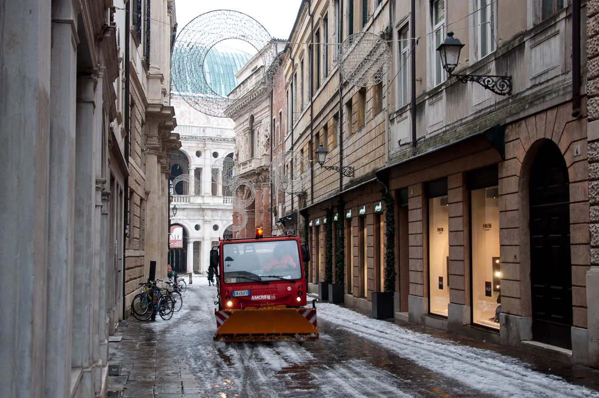 A snow-plough cleaning the city centre - Vicenza, Veneto, Italy - www.rossiwrites.com