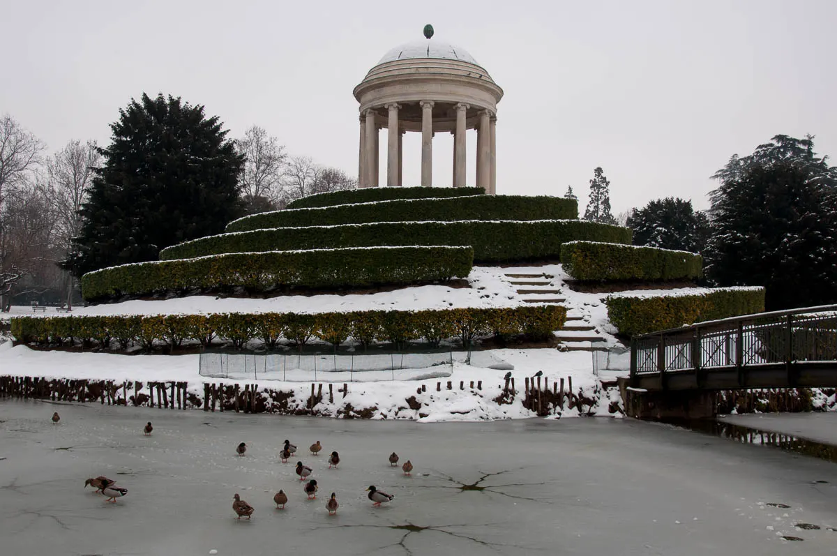 Ducks on the frozen pond in Parco Querini covered by snow - Vicenza, Veneto, Italy - www.rossiwrites.com