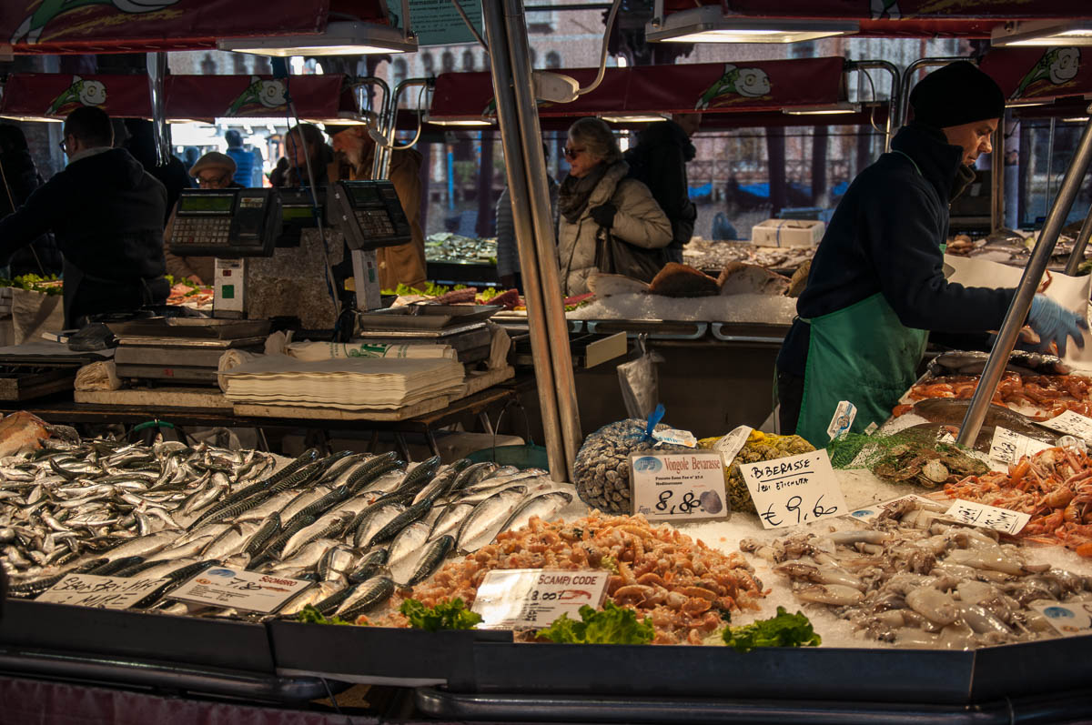 A fishmonger's stall - Rialto Fish Market, Venice, Italy - www.rossiwrites.com