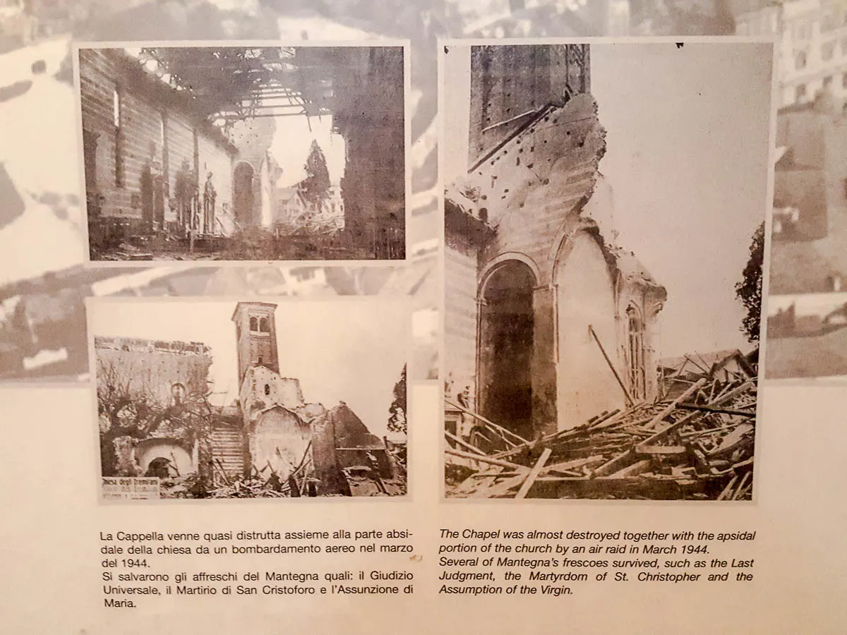 An information panel showing the destruction of the Church of the Eremitani - Padua, Italy - www.rossiwrites.com