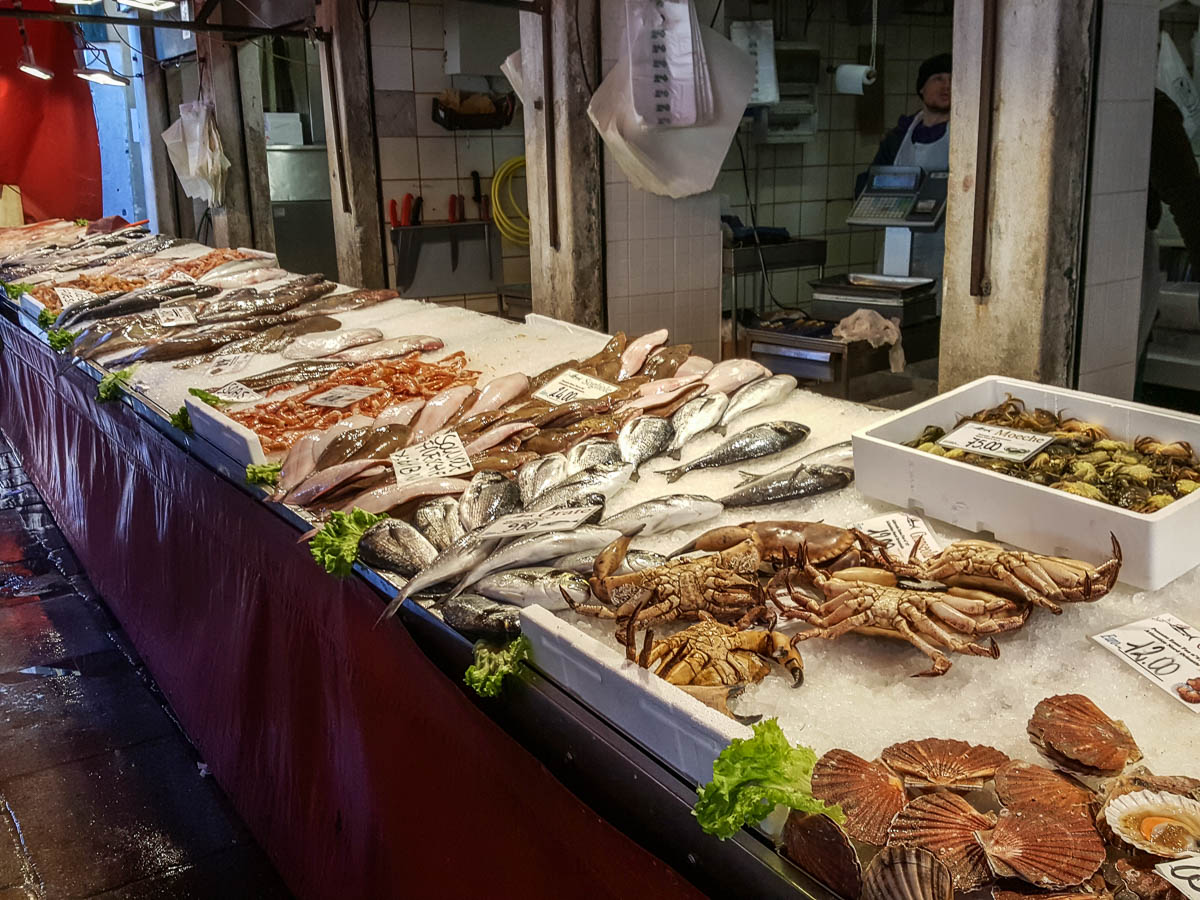 Fishmonger's stall Rialto Fish Market, Venice, Italy