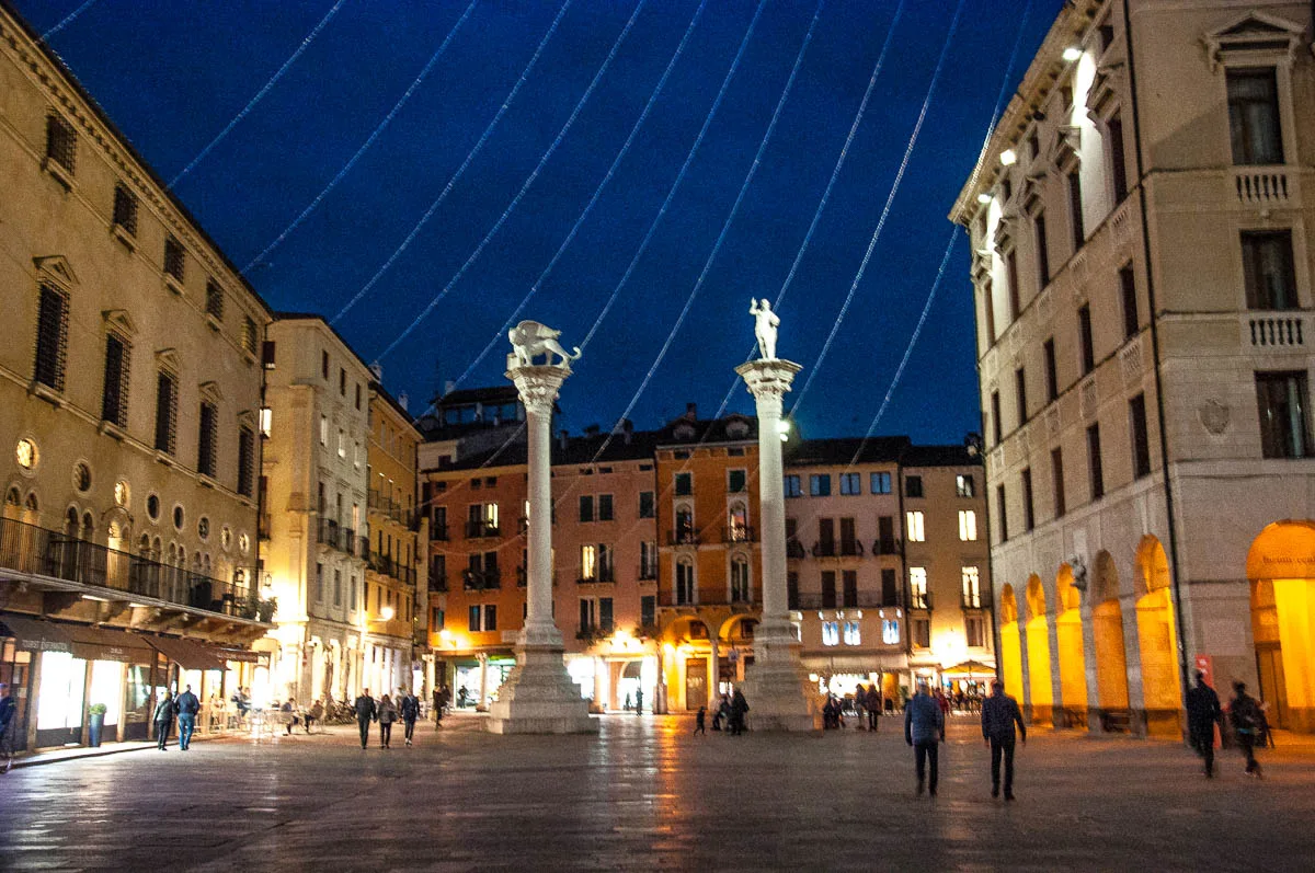 The pillars at Piazza dei Signori with Christmas lights - Christmas in Vicenza - Veneto, Italy - www.rossiwrites.com