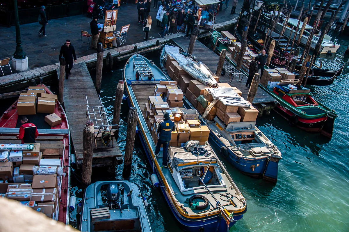 Delivery boats on the Grand Canal - Venice, Veneto, Italy - www.rossiwrites.com