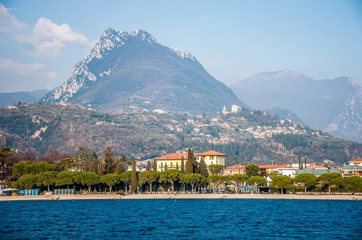 Maderno's sandy beaches seen from the water - Lake Garda, Lombardy, Italy - www.rossiwrites.com