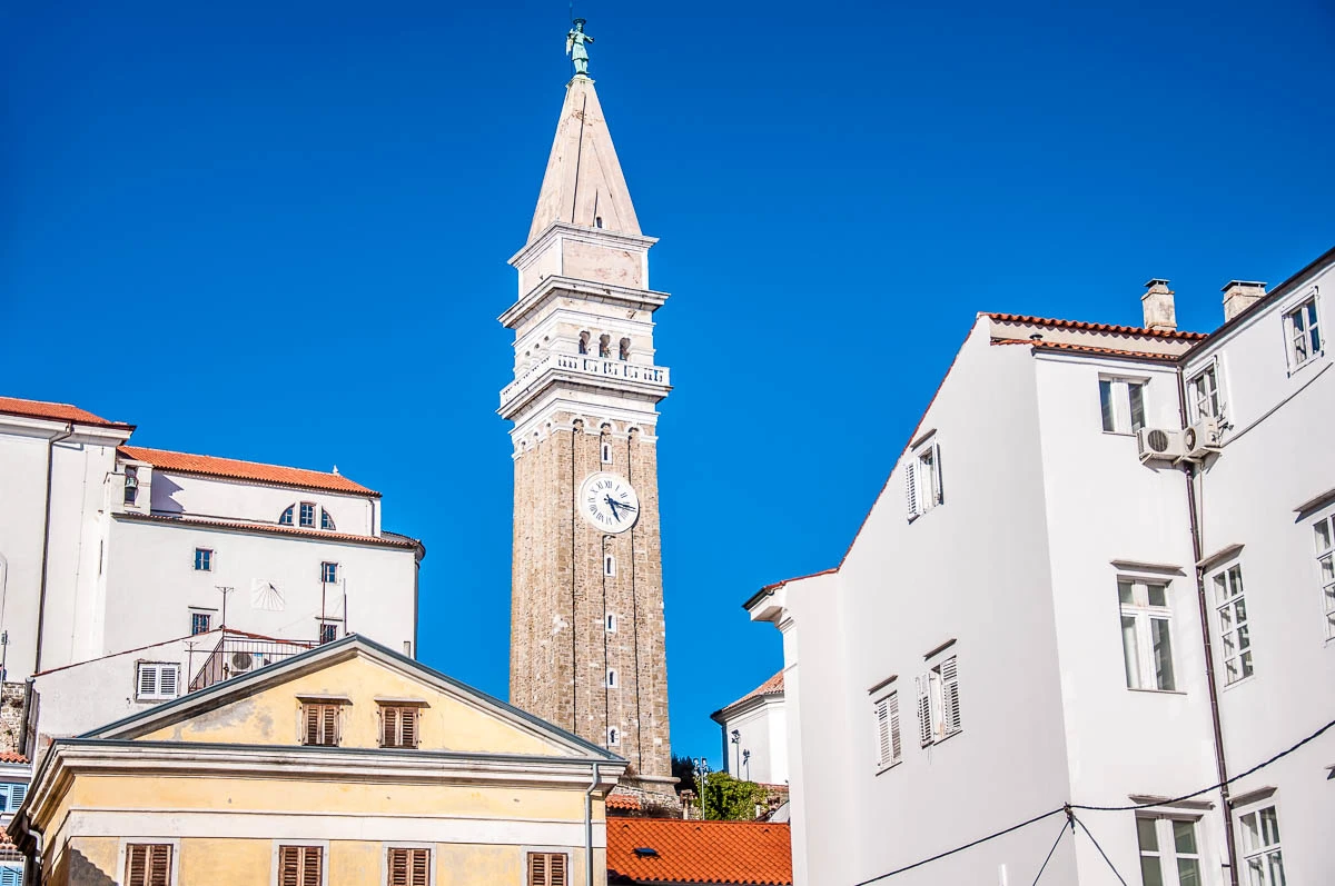 The bell tower of St. George's Church - Piran, Slovenia - www.rossiwrites.com