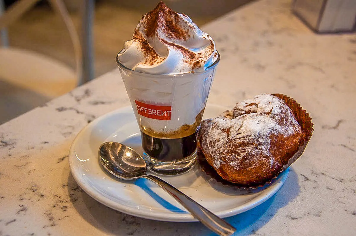 Espresso with whipped cream and a frittella - Padua, Italy - www.rossiwrites.com