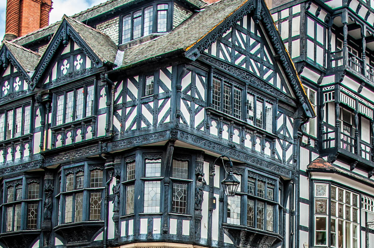 Close-up of Mock Tudor facades- Chester, Cheshire, England - rossiwrites.com