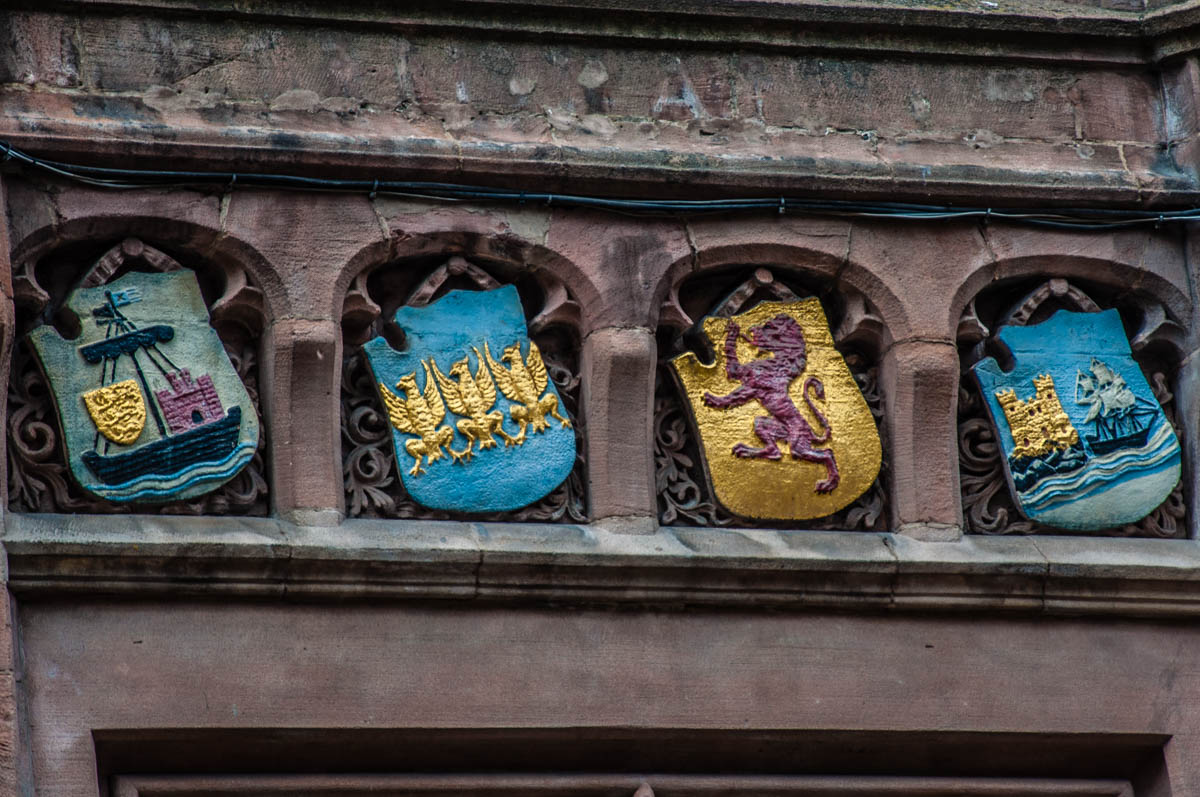 Shields with the arms of the twelve former shires of Wales - HSBC Bank's historical building - Chester, Cheshire, England - rossiwrites.com