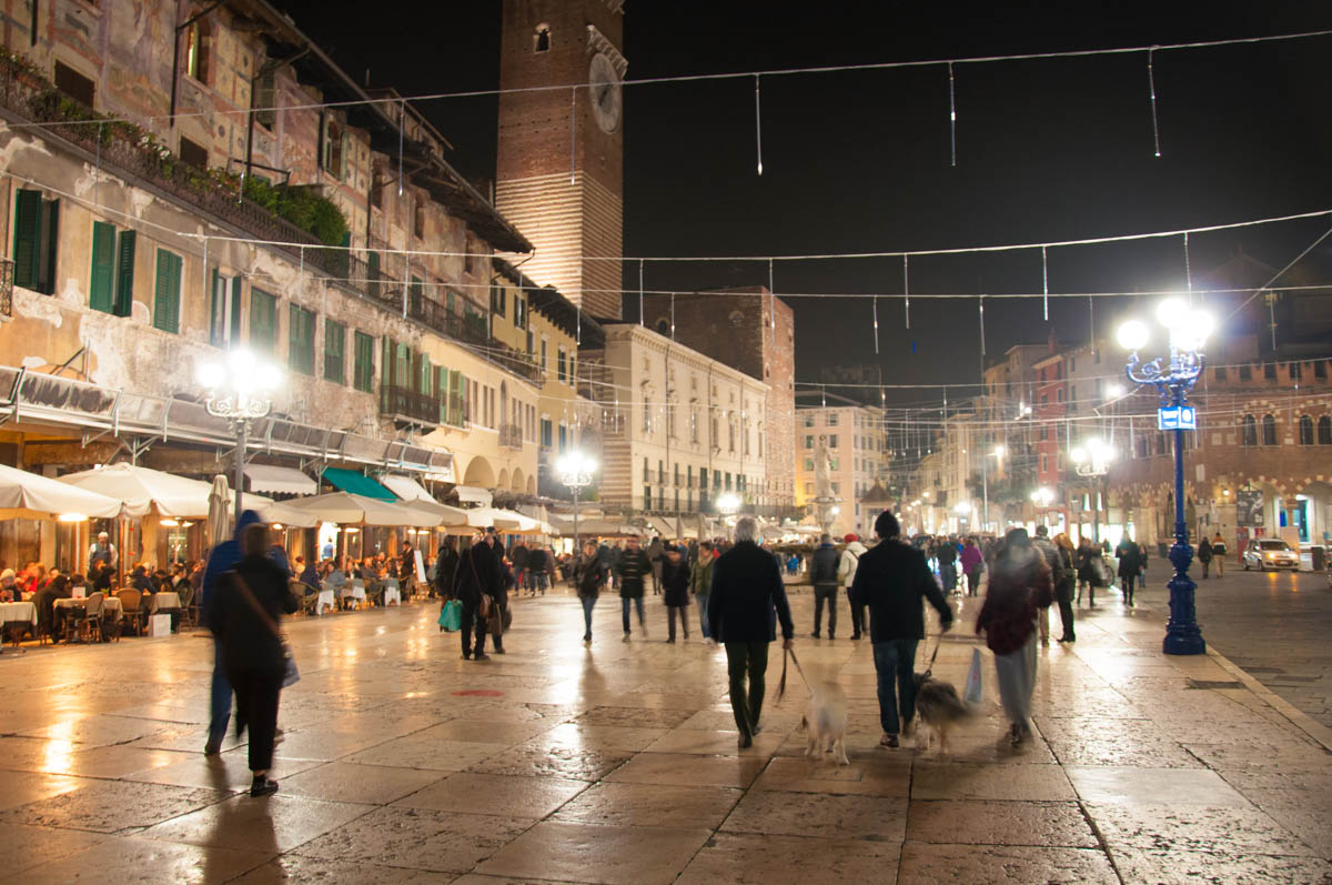 Piazza delle Erbe at night - Verona, Veneto, Italy - rossiwrites.com