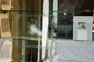Broken jeweller's window on Corso Fogazzaro, Vicenza, Italy