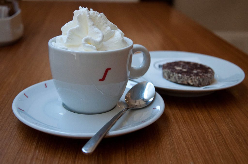 Coffee with whipped cream and chocolate salami, La Triestina Coffee House, Vicenza, Italy - www.rossiwrites.com