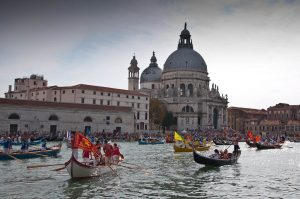 Boats in front of Santa Maria della Salute, Historical Regatta, Venice, Italy - www.rossiwrites.com