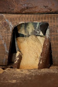 The ground polenta coming off the millstone, Veraghi's Mill, Molina, Province of Verona, Italy - rossiwrites.com
