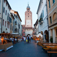 The main street with the Civic Tower and stalls, Mediaevil Fair, Castelfranco Veneto, Italy - www.rossiwrites.com