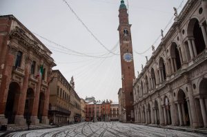 Piazza dei Signori with Palladio's Basilica in the snow - Vicenza, Veneto, Italy - www.rossiwrites.com