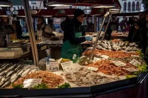 A fishmonger's stall - Rialto Fish Market, Venice, Italy - www.rossiwrites.com