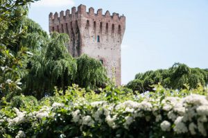 A defensive tower with blooming bushes - Carrarese Castle, Este, Veneto, Italy - www.rossiwrites.com