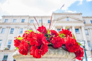 Flowers in front of the Municipal Offices - Cheltenham, England - www.rossiwrites.com