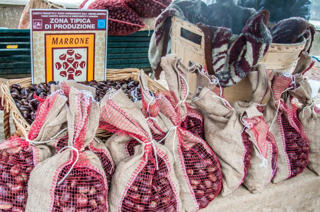 Bags with chestnuts at a local castagnata - chestnut festival - Borghetto sul Mincio, Veneto, Italy - rossiwrites.com