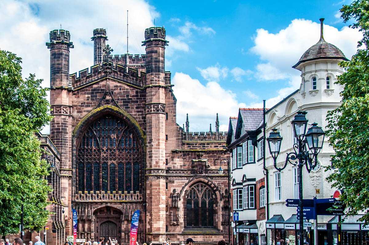 The facade of Chester  Cathedral on a summer day Chester  
