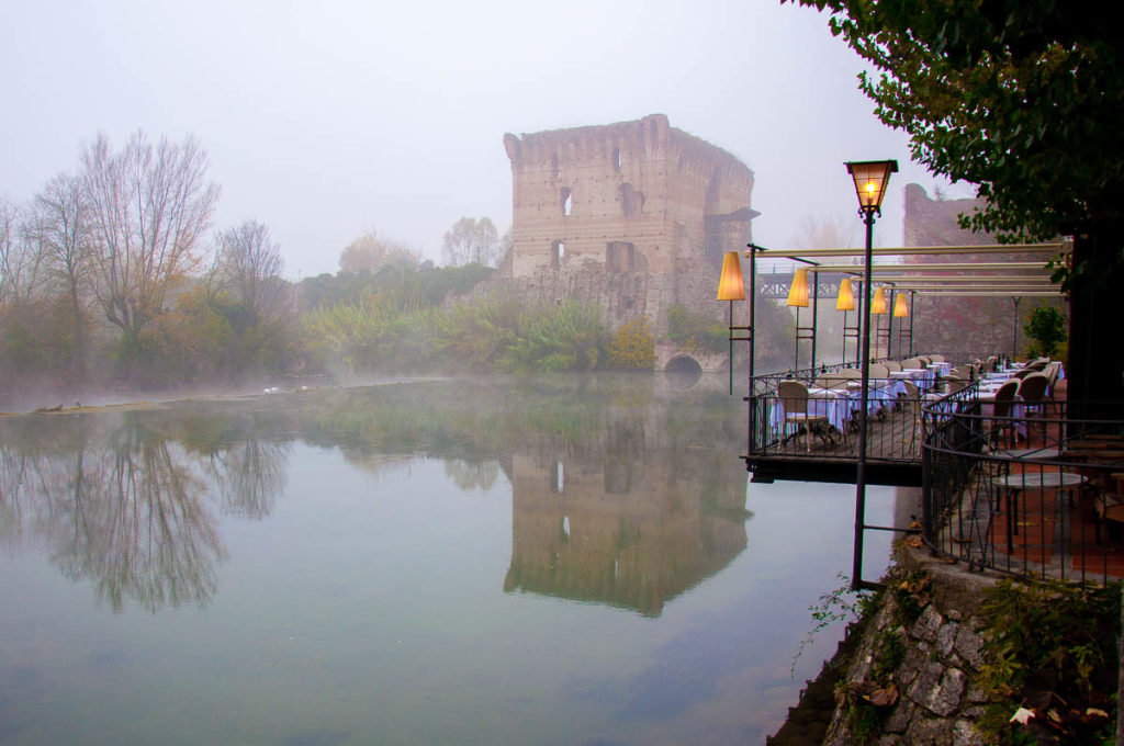 The 14th century Visconti bridge in the fog - Borghetto sul Minchio, Veneto, Italy - rossiwrites.com