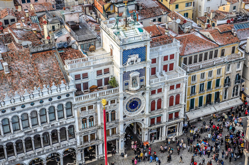 Birds'eye view of St. Mark's Clock Tower from the top of St. Mark's Campanile - Venice, Italy - rossiwrites.com