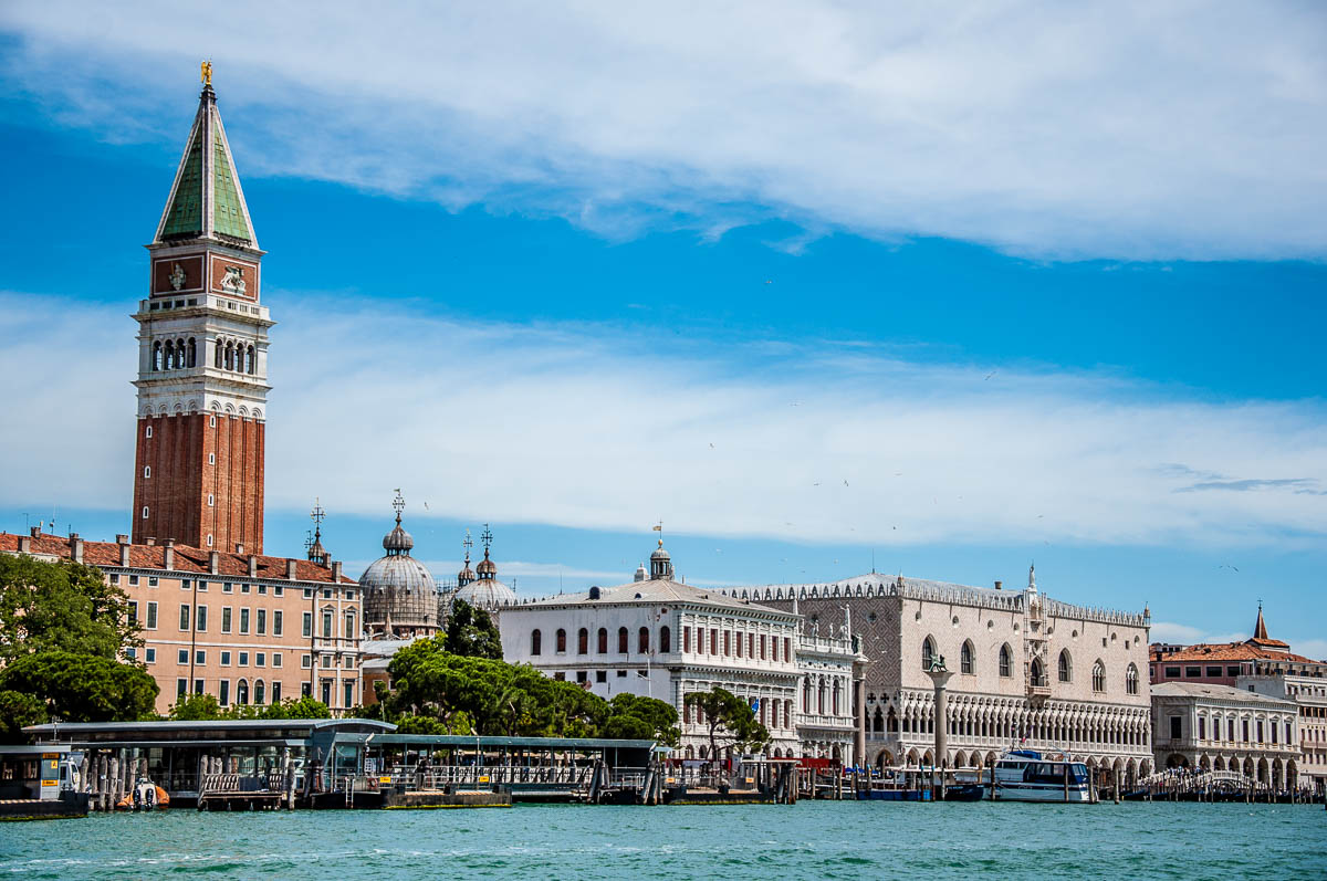 The Doge's Palace and the St. Mark's Bell Tower seen from the Punta della Dogana - Venice, Italy - rossiwrites.com