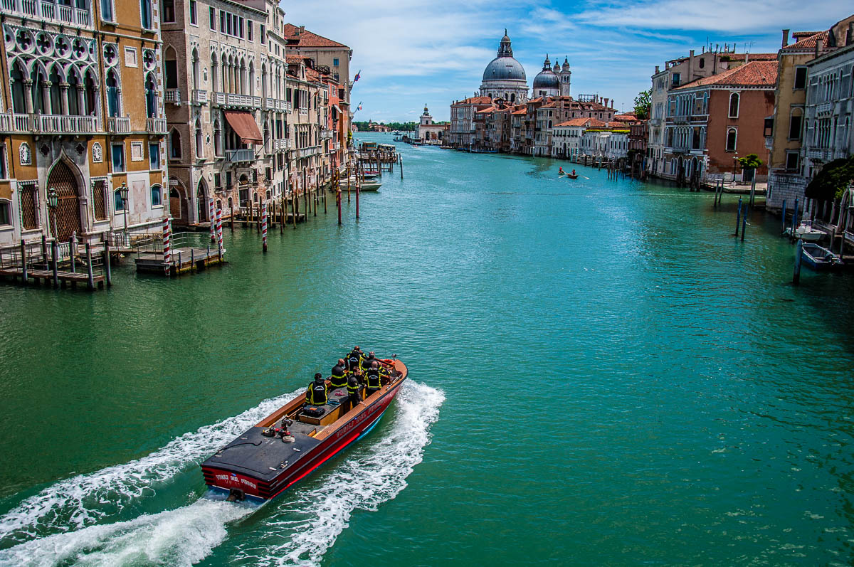 The Grand Canal with a fire engine boat seen from the Accademia Bridge - Venice, Italy - rossiwrites.com