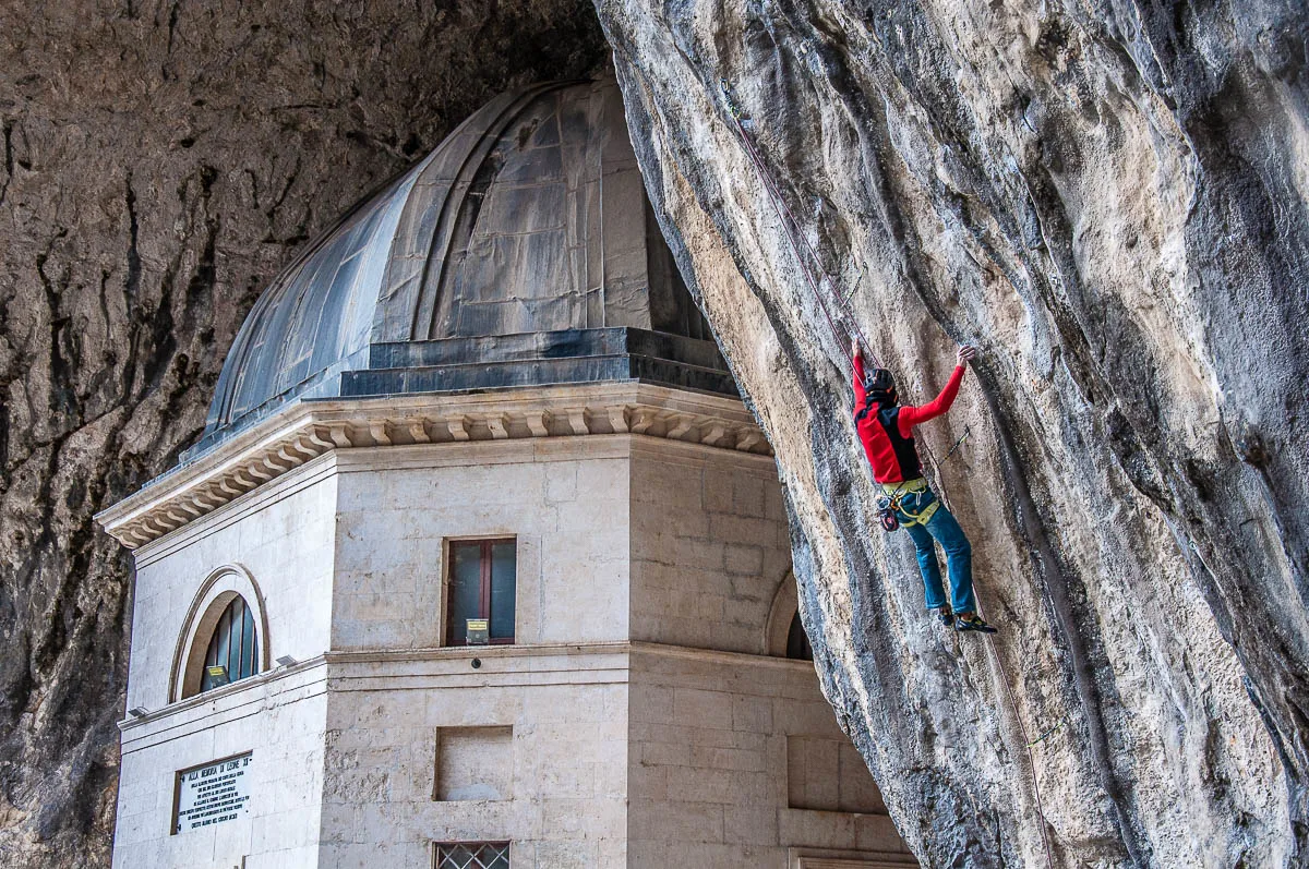 Rock climbing next to the Valadier Temple - Frasassi Caves, Italy - rossiwrites.com