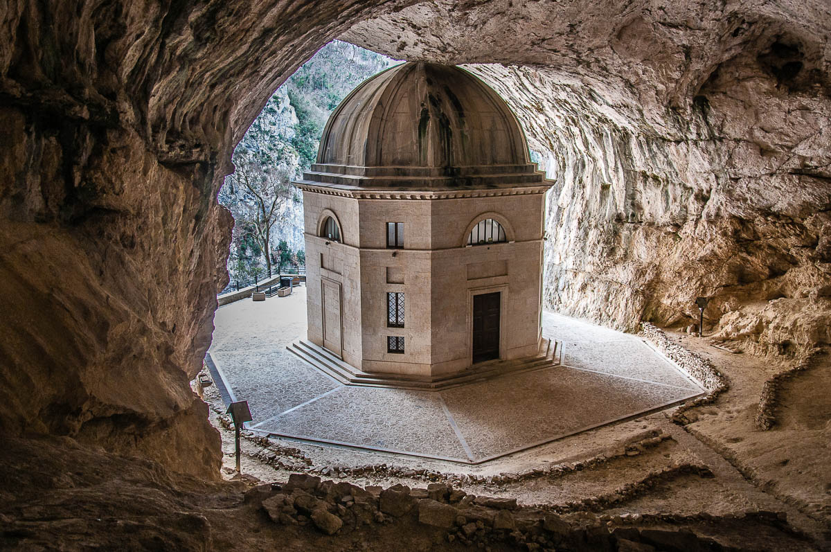 The Temple of Valadier seen from inside the Cave of the Blessed Virgin - Frasassi Caves, Italy - rossiwrites.com