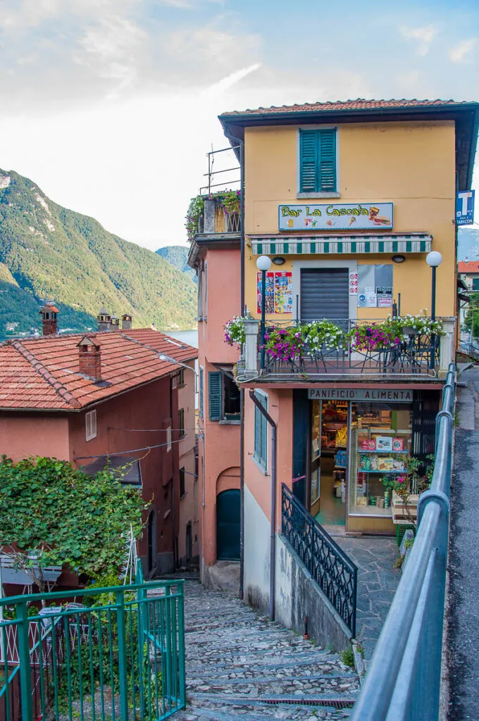 View of the village with the main lakeside road and the steep steps - Nesso, Lake Como, Italy - rossiwrites.com