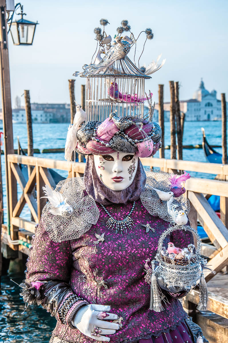 A beautiful mask in purple with a birdcage on her head - Venice, Italy - rossiwrites.com