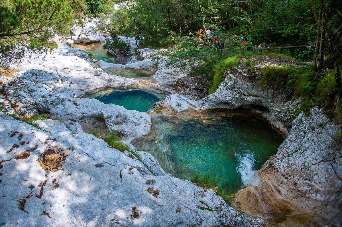 A panoramic view of the pools and the path running next to them - Cadini del Brenton - Dolomites, Italy - rossiwrites.com