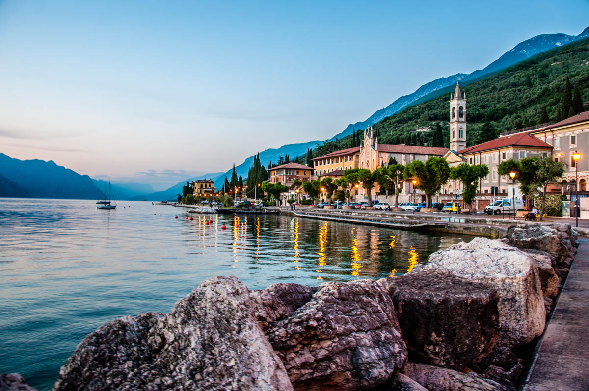 A dusk view of the small town of Castelleto sul Garda on Lake Garda - Veneto, Italy - rossiwrites.com