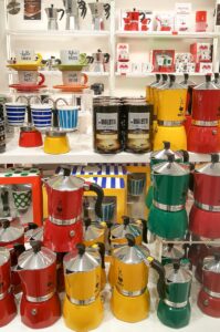 Display with colourful Bialetti Moka pots - Vicenza, Italy - rossiwrites.com