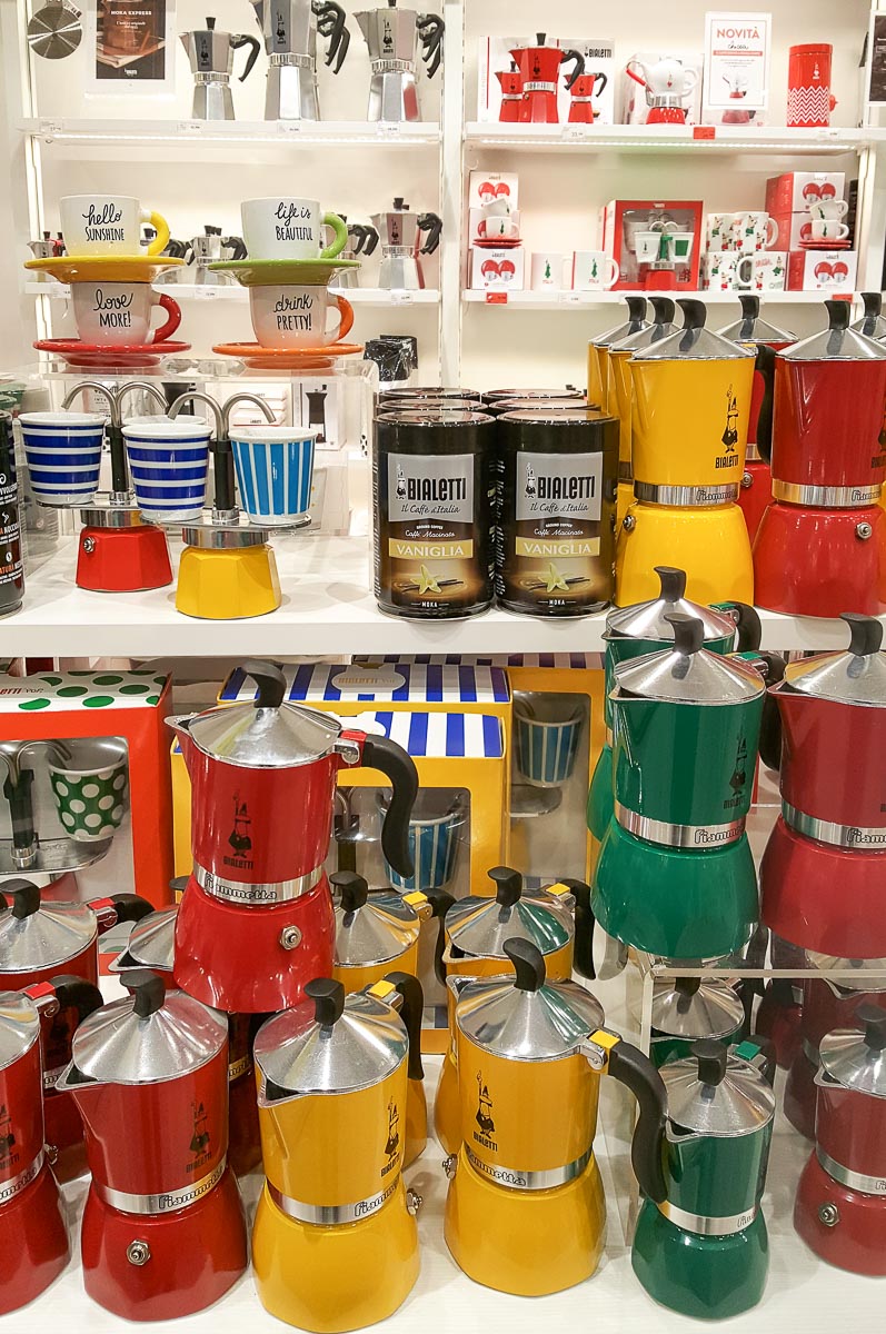 Display with colourful Bialetti Moka - Vicenza, Italy - rossiwrites.com