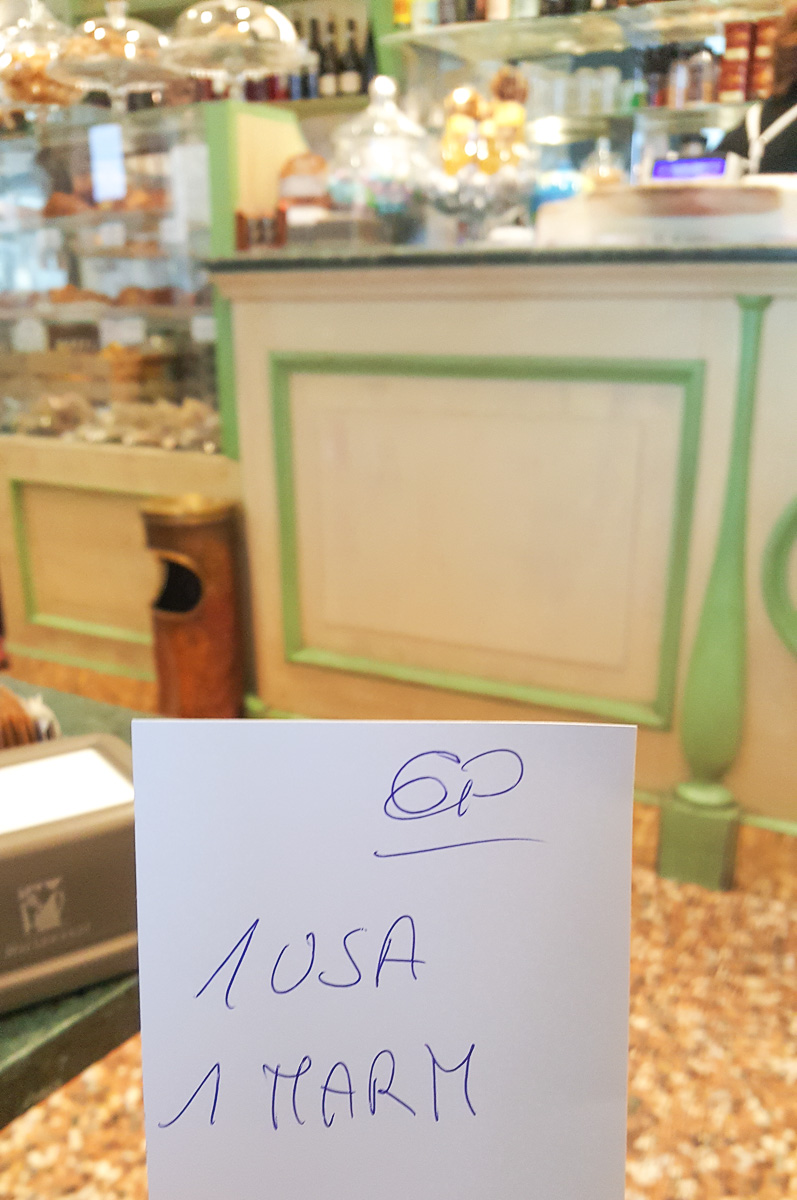 Handwritten receipt to give to the cashier in an Italian bar - Vicenza, Italy - rossiwrites.com