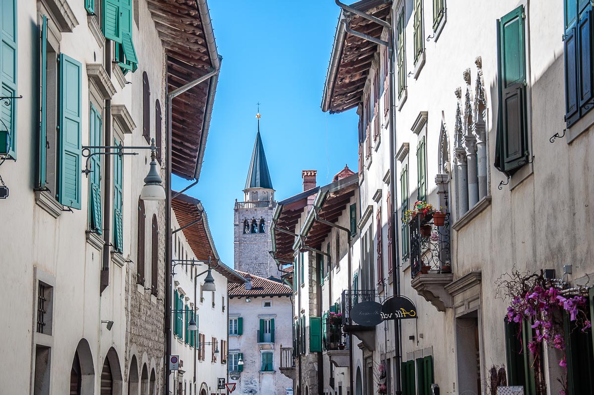 Street view with the bell tower of the Duomo - Venzone, Italy - rossiwrites.com