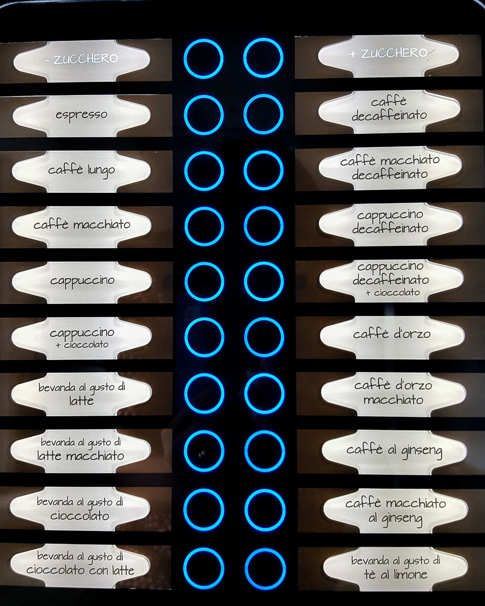 The options panel of an Italian coffee vending machine - Vicenza, Italy - rossiwrites.com