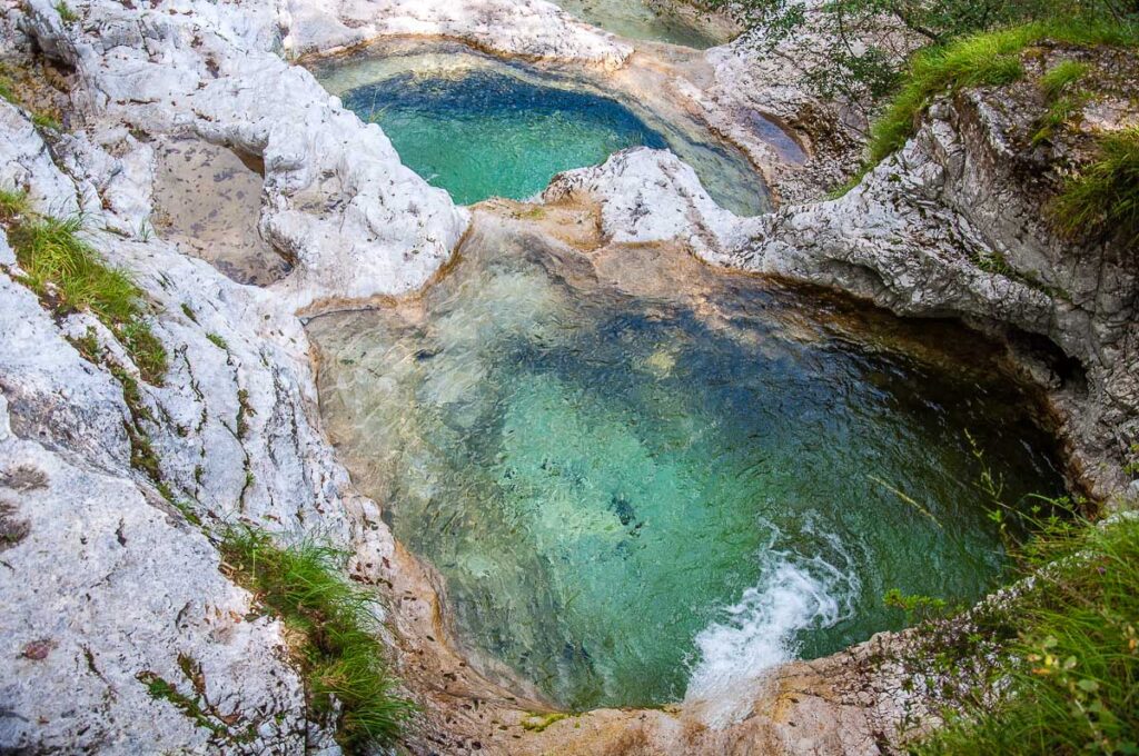 The pools seen from the wooden bridge - Cadini del Brenton - Dolomites, Italy - rossiwrites.com