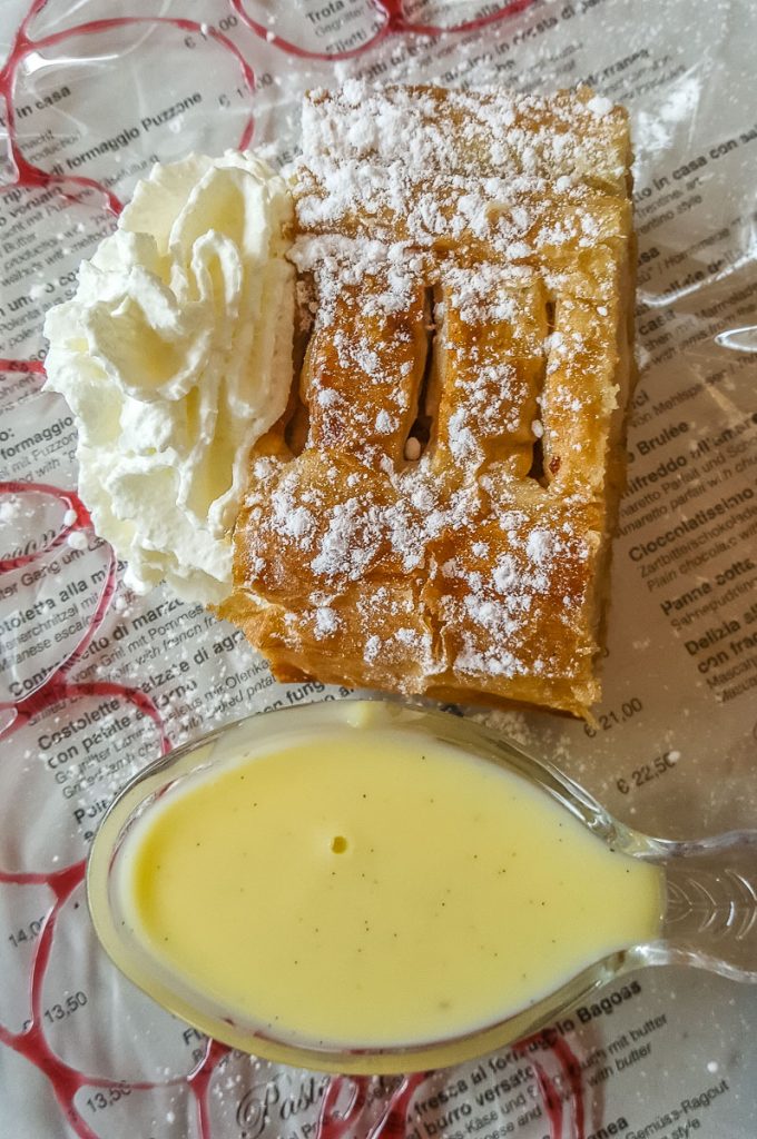 Strudel with warm vanilla sauce - Lake Ledro, Trentino, Italy - rossiwrites.com