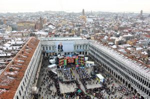St. Mark's Square seen from the top of the St. Mark's Belltower during the Venetian Carnival - Venice, Italy - rossiwrites.com
