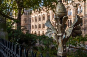 Close-up view of a decorative element of the metal fence - Natural History Museum, London, England - rossiwrites.com