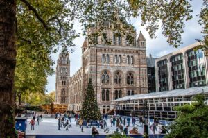 The ice rink and the Christmas tree in front of the Natural History Museum - London, England - rossiwrites.com