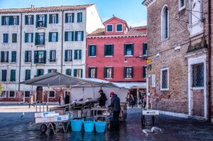 Fresh fish stall at a Venetian campo - Venice, Italy - rossiwrites.com